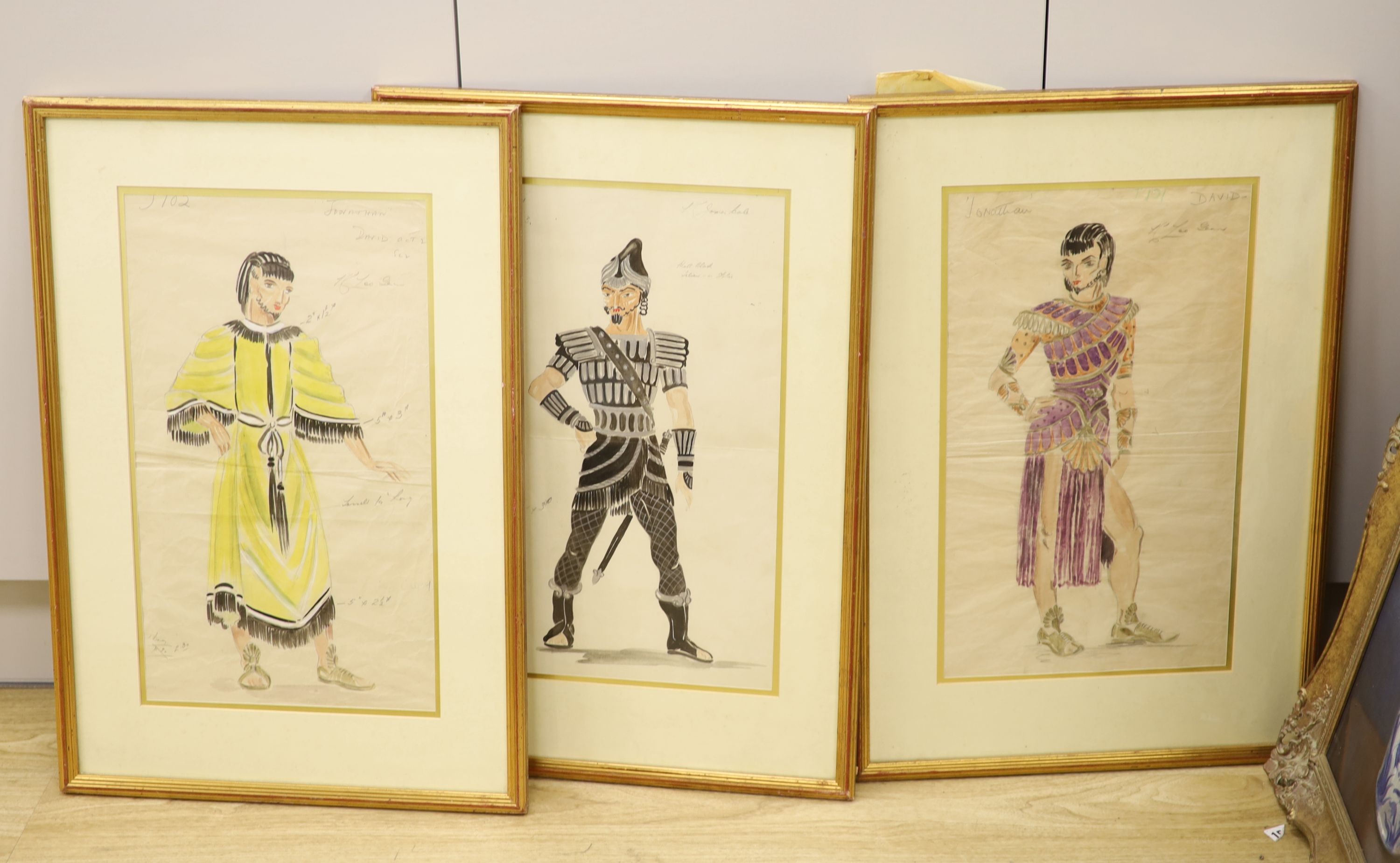 20th century English School, three watercolours, Costume designs for Jonathan, inscribed in pencil, 45 x 27cm